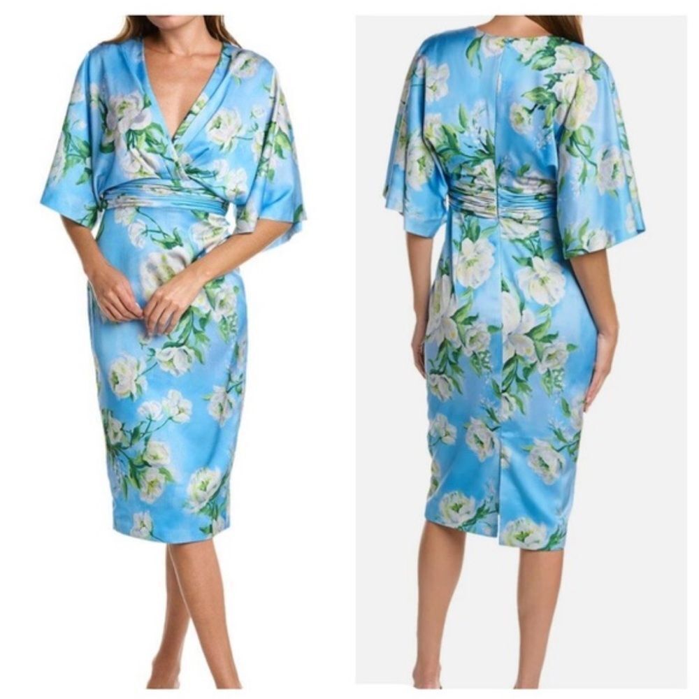 Nwt Theia Women's Blue Floral Kimono Sleeve Liana Sheath Dress $645